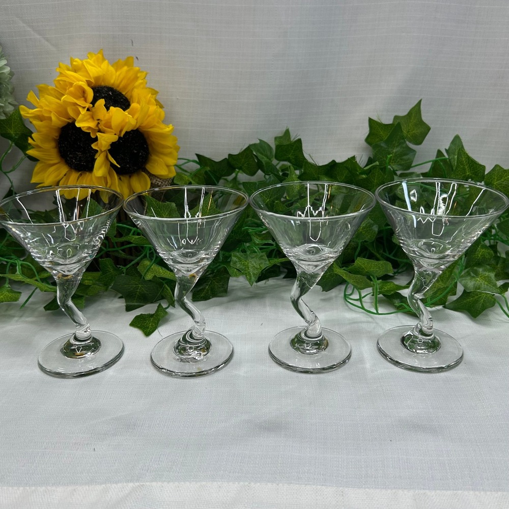 Vintage Libbey Z Stem Martini Glasses Set 4 Clear Twisted Crooked Stem Cocktail
